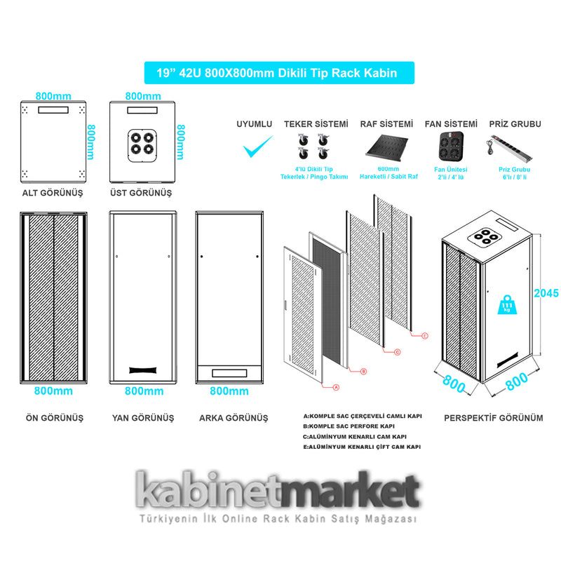 42U 19" 800x800mm Freestanding Rack Cabinet