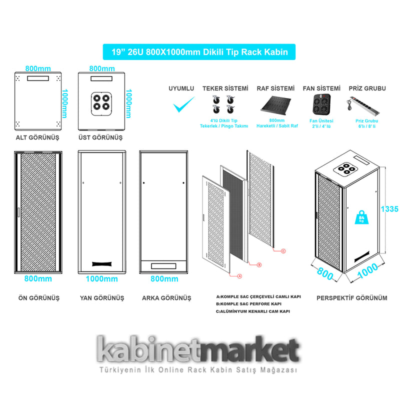 26U 19" 800x1000mm Floor-Standing Server Cabinet