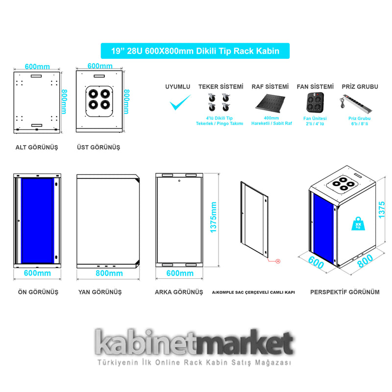 28U 19" 600x800 Wall-Mounted Rack Cabinet