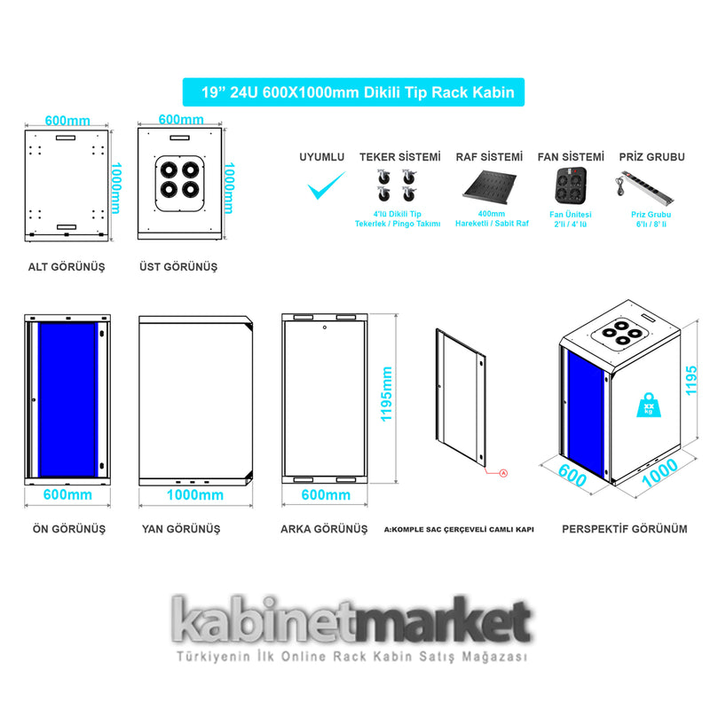 24U 19" 600x1000 Freestanding Rack Cabinet